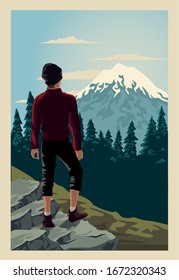 beautiful landscape with male traveler scene vector illustration design