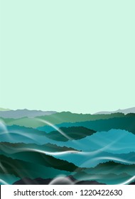 Beautiful Landscape of mountain layer in morning sun ray and winter fog. Vector illustration.