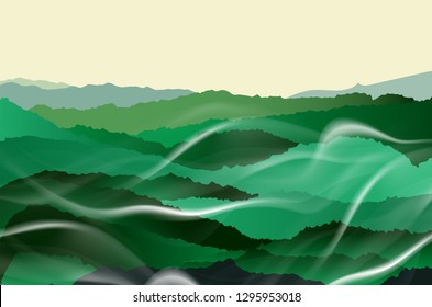 Beautiful Landscape of mountain layer in morning sun ray and winter fog. Vector illustration.