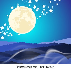 Beautiful Landscape of mountain layer in night moonlight ray and winter fog. Vector illustration.