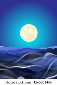 Beautiful Landscape of mountain layer in night moonlight ray and winter fog. Vector illustration.