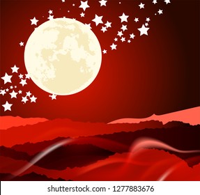 Beautiful Landscape of mountain layer in night moonlight ray and winter fog. Vector illustration.