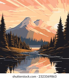 Beautiful landscape of mountain river, illustration. Wallpaper