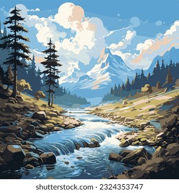 Beautiful landscape of mountain river, illustration. Himalayan Wallpaper. Lush green hills and mountains over a green landscape with a beautiful river.