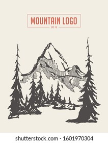 Beautiful landscape with mountain and spruce forest. Hand drawn vector illustration, sketch