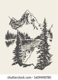 Beautiful landscape with mountain, spruce forest and lake. Hand drawn vector illustration, sketch