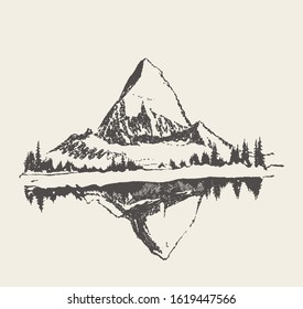 Beautiful landscape with mountain, spruce forest and lake. Hand drawn vector illustration, sketch