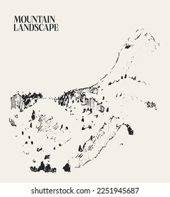 Beautiful landscape with mountain and spruce forest. Hand drawn vector illustration, sketch