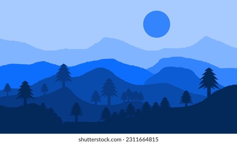 Beautiful landscape mountain view, tree and moon in flat design with blue color composition. Kids nursery mountain, scandinavian mountains, kids wallpaper, Cute Illustration . SSTKabstract