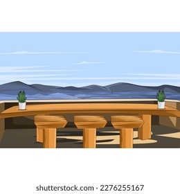 Beautiful landscape of mountain and wood tables and chairs and blue sky
