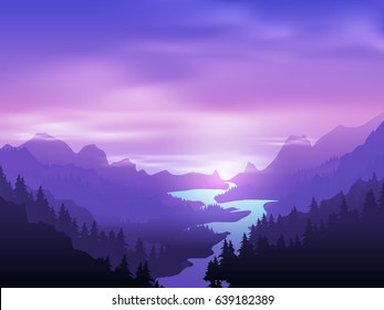 Beautiful landscape of mountains with bright river and Pine Forest - Vector Illustration