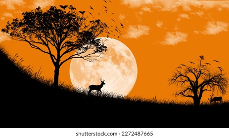 Beautiful landscape with mountains, a deer, trees and sunset