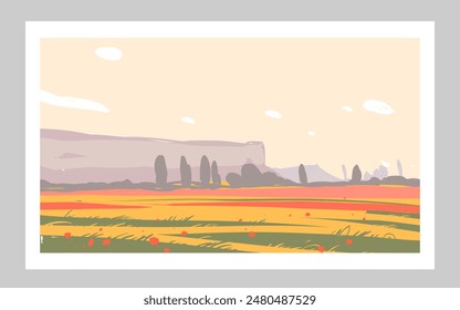 Beautiful landscape with mountains. Hand drawn vector art illustration. Poster minimalism cartoon creative style 