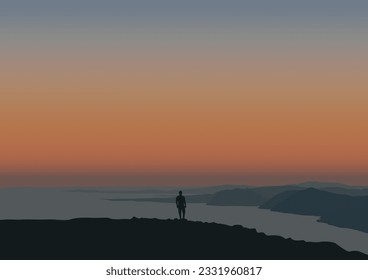 Beautiful landscape in mountains with person. Vector illustration in flat style.