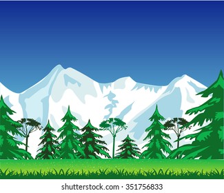 Beautiful landscape of the mountains with snow and glade with flower