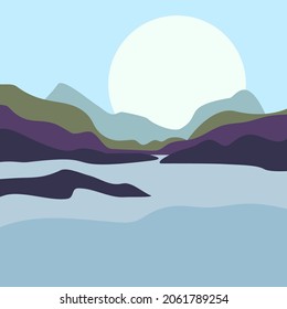 Beautiful landscape with mountains and sun. Vector illustration.