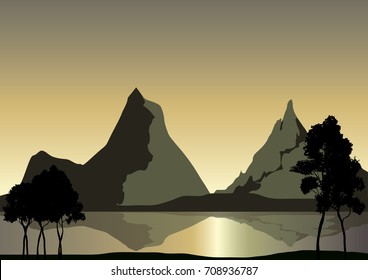 beautiful landscape of mountains in the sunset and lakeside forest
vector nature illustration