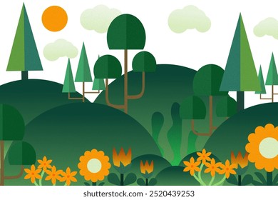 Beautiful landscape with mountains ,tree ,sun ,sky and flowers 