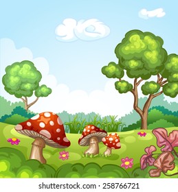  Beautiful  landscape with mushrooms and flowers.