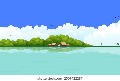 Paisaje hermoso naturaleza estética vista Horizontal Vector de fondo escena rural aves del río cielo nubes árboles casa reflejos de agua