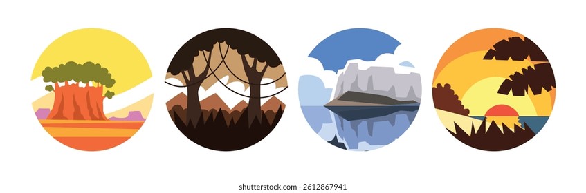 Beautiful Landscape and Nature Scene in Round Frame Vector Set