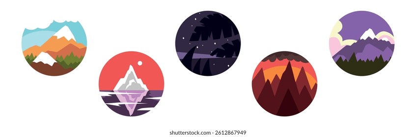 Beautiful Landscape and Nature Scene in Round Frame Vector Set