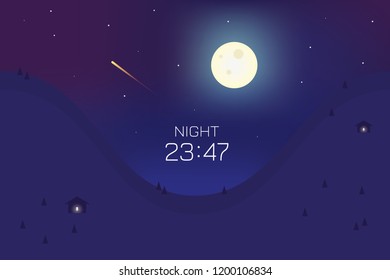 beautiful landscape at night with full moon and houses