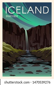 Beautiful landscape in night in Iceland with mountains, waterfall Svartifoss, river. Time to travel. Around the world. Quality vector poster. National park Skaftafell.