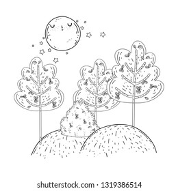 beautiful landscape night with moon kawaii character