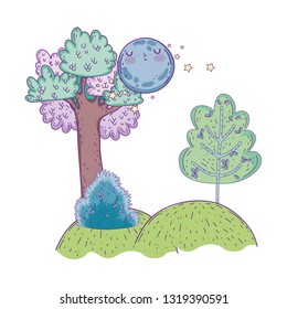 beautiful landscape night with moon kawaii character