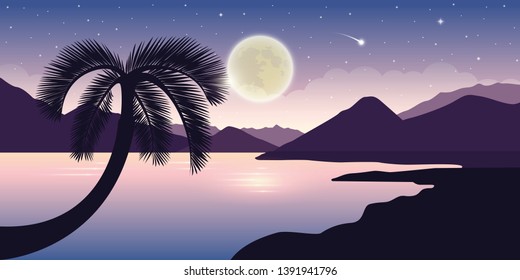 beautiful landscape at night with palm tree full moon and starry sky vector illustration EPS10