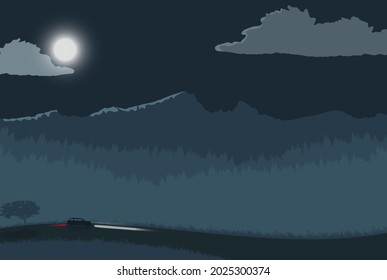 Beautiful landscape: a night road against the background of mountains. Vector illustration.