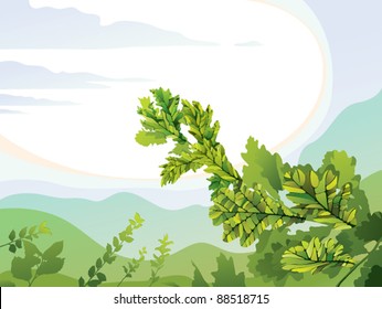 Beautiful landscape with oak branch, vector illustration.