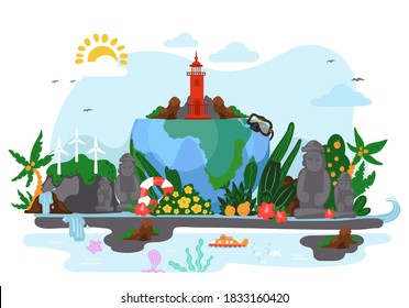 Beautiful landscape with orange tree, coconut palms, waterfall, mountains and stone figures, tropical flowers on the bushes and wind farms. Globe with plants and red lighthouse on the top. Pure nature