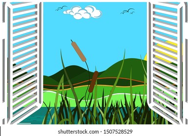 Beautiful landscape outside the window. Open window shutters, coastal zone, river, reeds, clouds, birds. Vector illustration