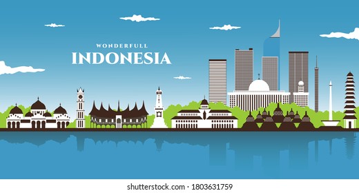 Beautiful landscape panorama view of world famous landmarks of Indonesia. Bali, Jakarta, Yogyakarta, Central Java, West Sumatra. Indonesia Icons, Cityscape, Travel and Tourist Attraction