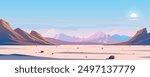Beautiful landscape of panoramic mountains, vector illustration. Landscape with desert and scattered rocks, high mountains in shades of purple, blue and brown, with bright sky and sun.