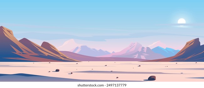 Beautiful landscape of panoramic mountains, vector illustration. Landscape with desert and scattered rocks, high mountains in shades of purple, blue and brown, with bright sky and sun.