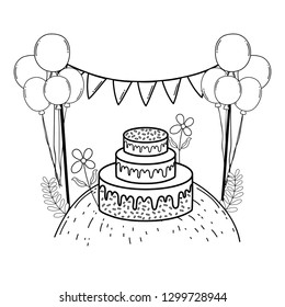 beautiful landscape with party cake and balloons helium