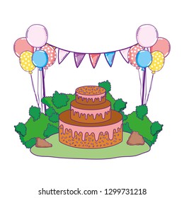 beautiful landscape with party cake and balloons helium