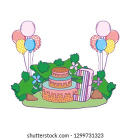 beautiful landscape with party cake and balloons helium