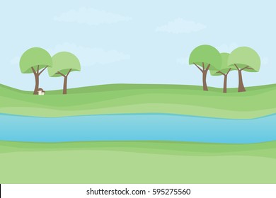 Beautiful landscape picture river bank and trees and mushrooms, location, vector illustration