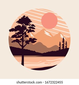beautiful landscape with pine and lake scene vector illustration design