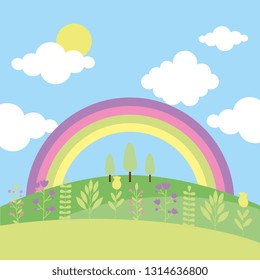 Beautiful landscape with rainbow cartoons scenery vector digital illustration image