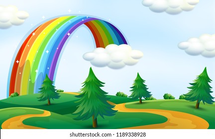 Beautiful landscape with rainbow illustration