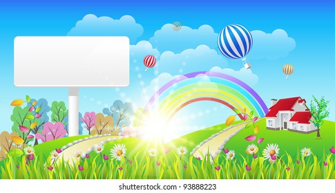 Beautiful Landscape and Rainbow Signboard - Vector Illustration