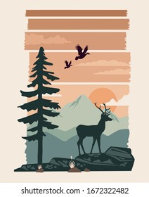 beautiful landscape with reindeer scene vector illustration design