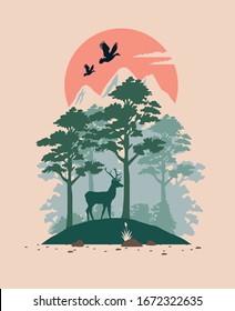 beautiful landscape with reindeer scene vector illustration design