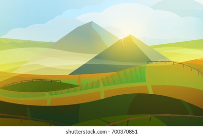Beautiful landscape - rice fields with mountain view and sunrise
