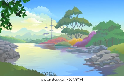 Beautiful landscape of a river flowing by hills and plains